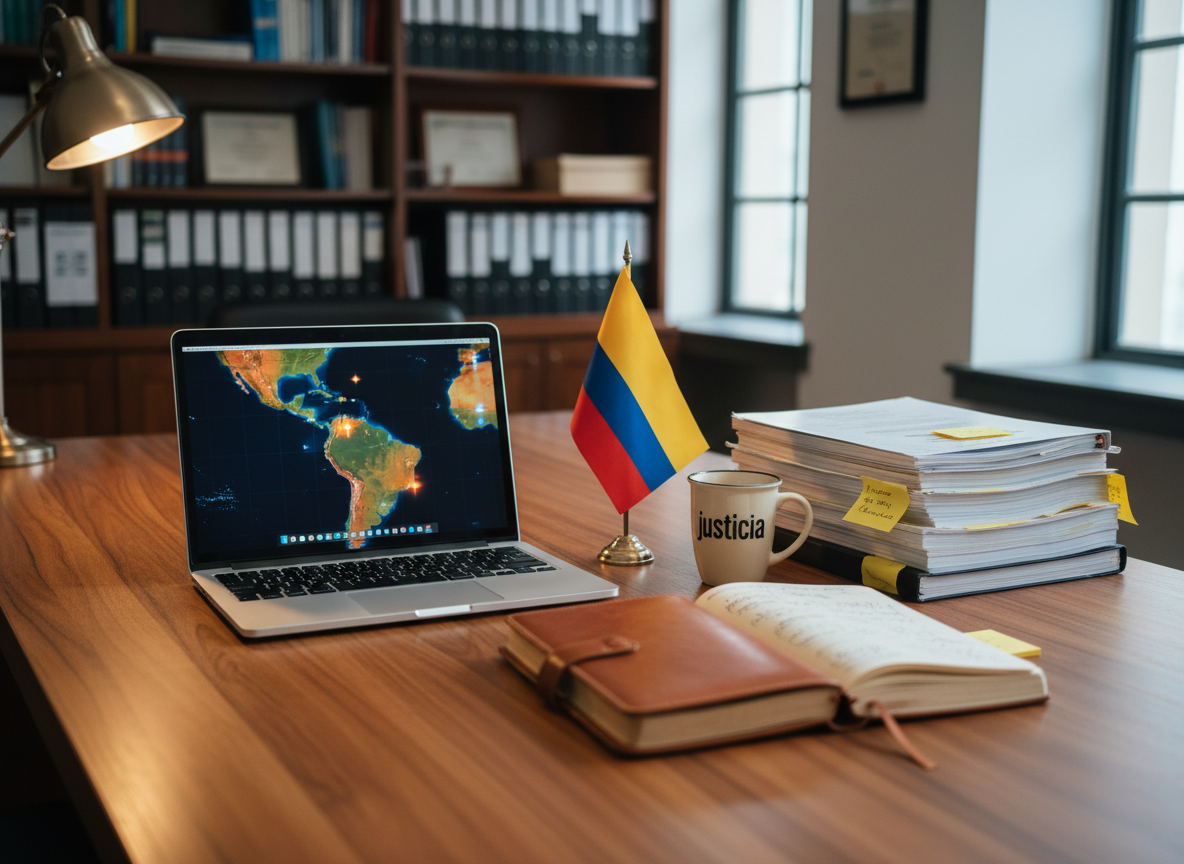 An expansive, richly textured wooden desk in a quiet advocacy office, topped with a laptop displaying a digital map of Latin America and the Caribbean with highlighted regions, next to annotated human rights reports, colorful sticky notes, and a well-worn leather-bound notebook. A small flag of a Latin American country and a ceramic mug with “justicia” printed in minimalist typography sit nearby. Soft, warm desk-lamp light blends with cool ambient daylight from a nearby window, creating a balanced, thoughtful atmosphere with gentle shadows. Captured from a slightly elevated angle with shallow depth of field, the focus rests on the map and notebook, while background shelves with binders and law books blur softly. The photographic realism and organized composition communicate strategic thinking, regional focus, and methodical action for justice transformation.