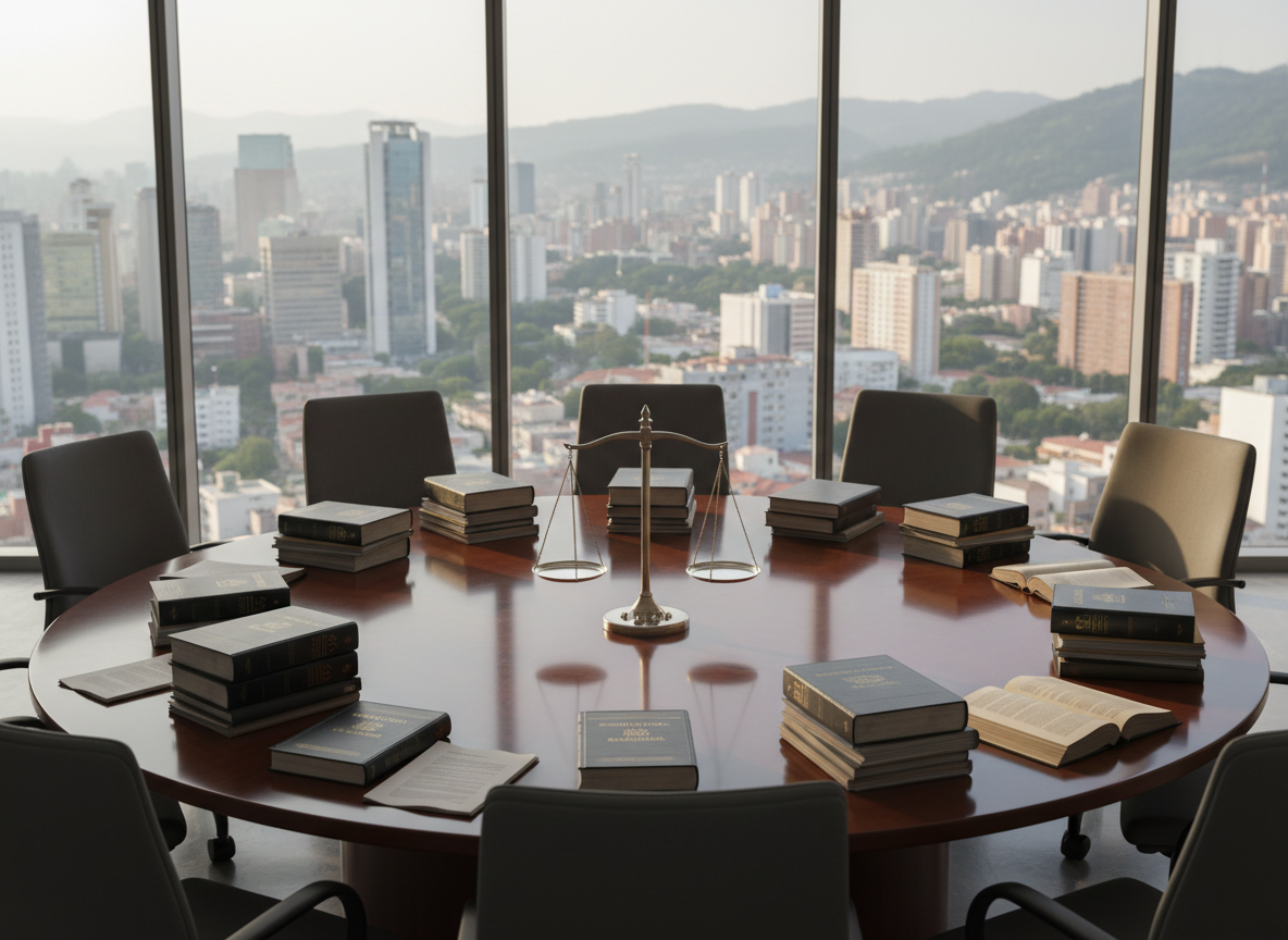 A polished wooden conference table arranged in a circular shape, covered with neatly stacked legal documents, open constitutions from various Latin American countries, and a single balanced scale of justice in brushed metal at the center. Around the table stand empty high-backed chairs with dark fabric, hinting at ongoing deliberation without showing any people. Large floor-to-ceiling windows reveal a soft-focus cityscape of a Latin American metropolis. Diffused afternoon light pours in, creating gentle reflections on the table’s surface and subtle shadows under the scales. Photographed at eye level with a slightly wide angle, the composition emphasizes collaboration and inclusivity. The mood is professional, calm, and purposeful, with photographic realism and a clean, modern aesthetic that underscores institutional commitment to human rights and transformative justice.