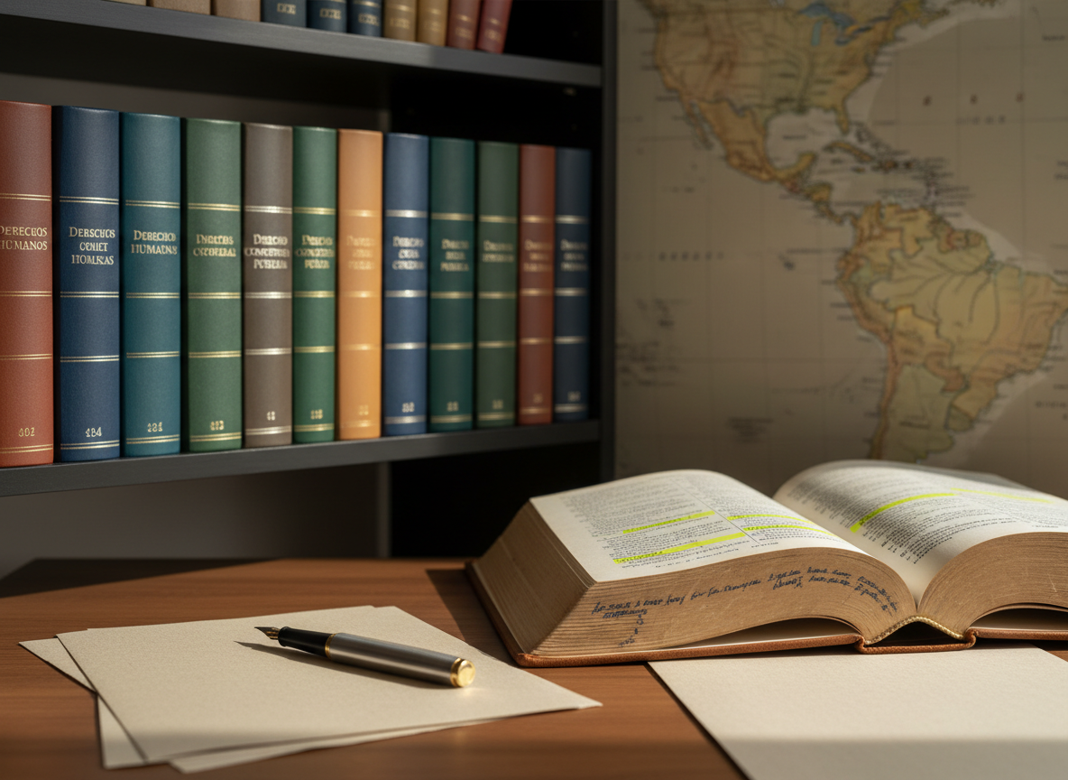 A close-up of a meticulously organized legal research corner, featuring a row of thick, color-coded volumes on human rights, constitutional law, and public policy in Spanish, all aligned on a matte black shelf. In front, an open book reveals highlighted passages and handwritten margin notes in neat blue ink, beside a sleek silver fountain pen resting on recycled paper. A subtle world map of Latin America and the Caribbean, printed in muted tones, hangs slightly out of focus in the background. Soft, directional window light from the left illuminates the text, creating gentle contrast and delicate shadows along the page edges. Photographed with a shallow depth of field and rule-of-thirds framing, the atmosphere feels studious, reflective, and rigorously professional, evoking serious academic thought in photographic realism.